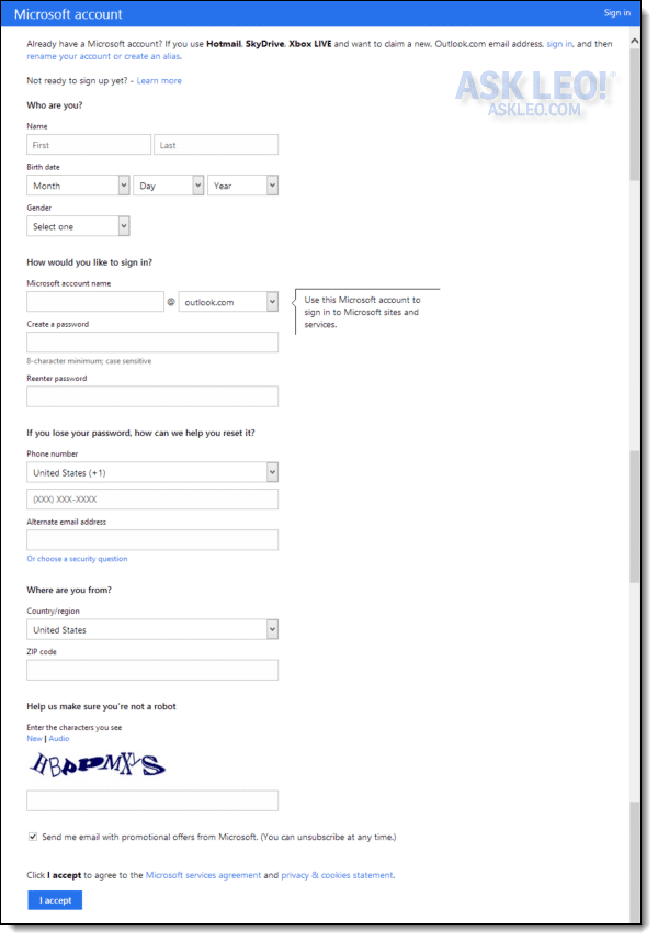 Outlook.com signup form