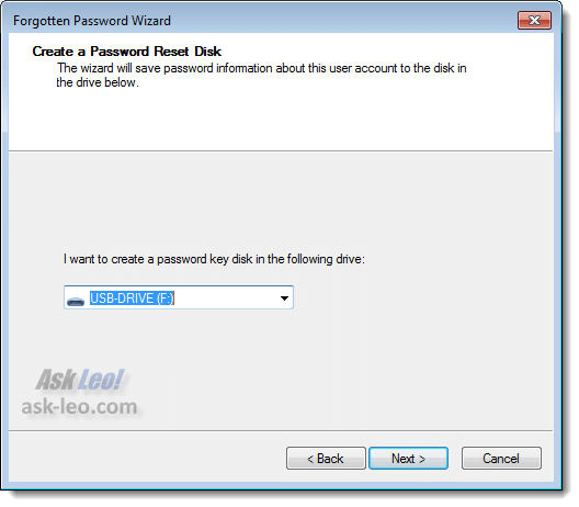 Creating A Password Reset Disk - Drive Selection