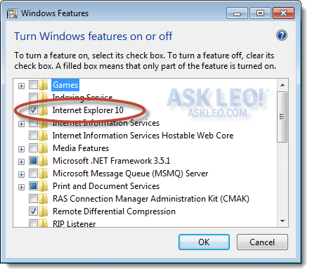 IE in the Windows feature list