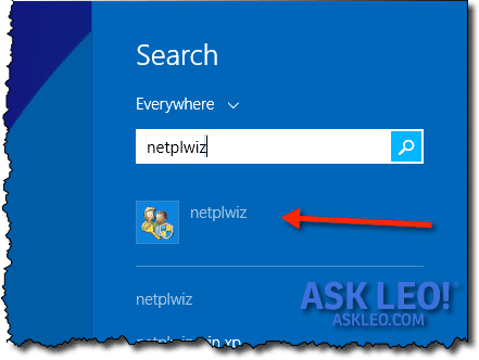 Windows 8 Search for NETPLWIZ