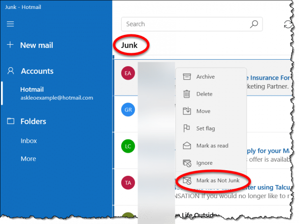Not Junk option in Windows Mail