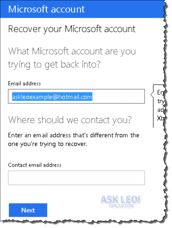 Outlook.com password recovery questionaire start