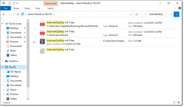 Search results in Windows File Explorer