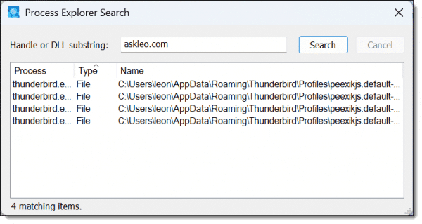 Process Explorer handle search results.