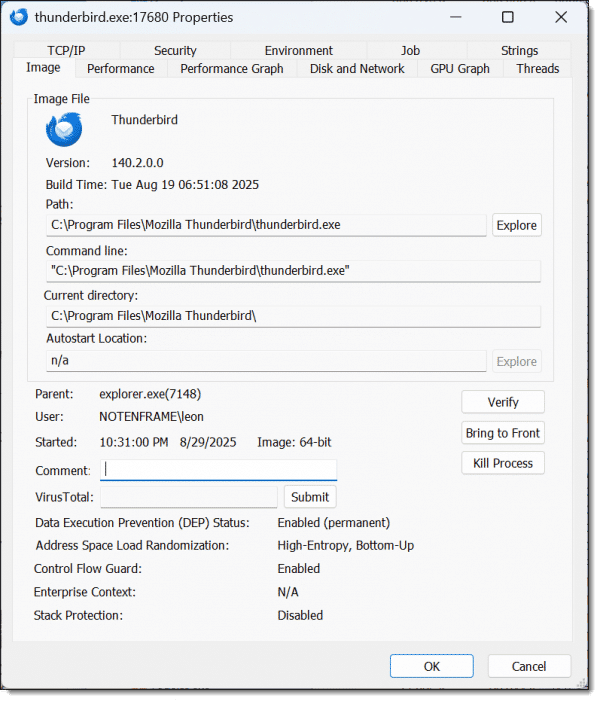 Process Explorer showing Thunderbird.exe properties.