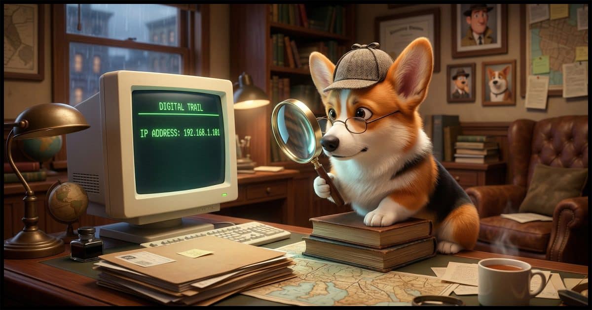 A Corgi holding a magnifying glass looking at a computer screen displaying an IP address.