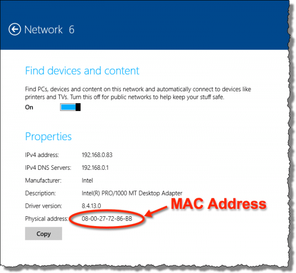MAC address in network connection