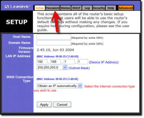 Linksys BEFSR81 home page. (Screenshot: askleo.com)