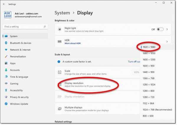 Display resolution settings in Windows 11.