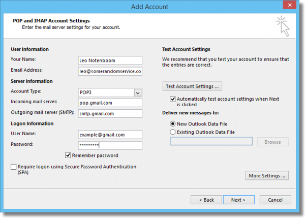 Outlook POP3 Account Configuration