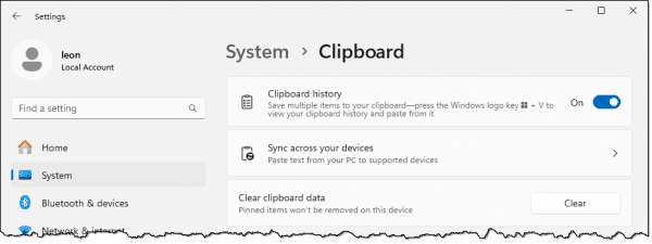 Clipboard history setting.