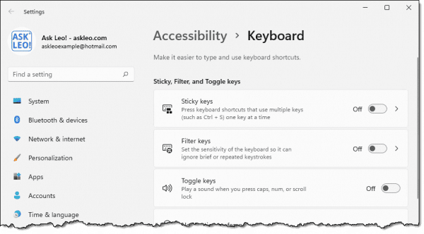 Keyboard accessibility settings in Windows 11.