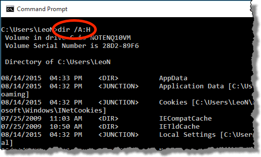 DIR /A:H command in Windows Command Prompt