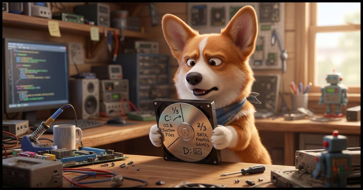 A corgi with a puzzled look holding a hard disk platter that has lines and writing on it that indicate 1/3rd is "C:" and the rest is "D:".