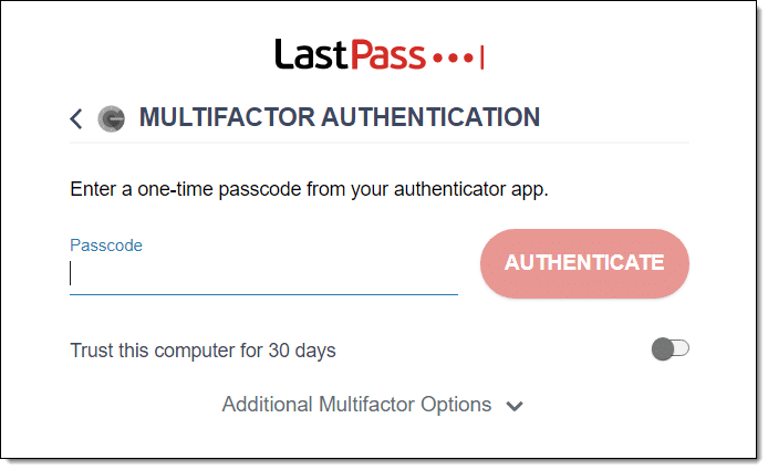 LastPass asking for two-factor authentication.
