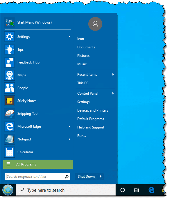 Windows 7 Style Start Menu in Windows 10