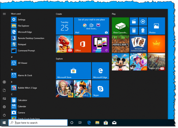 Tiled Start Menu in Windows 10