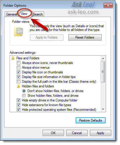Windows 7 Explorer Options View Tab