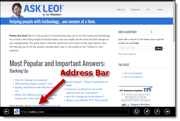 IE Tiled with Address Bar at Bottom