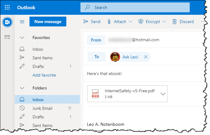 Composing an email with an attachment in Outlook.com