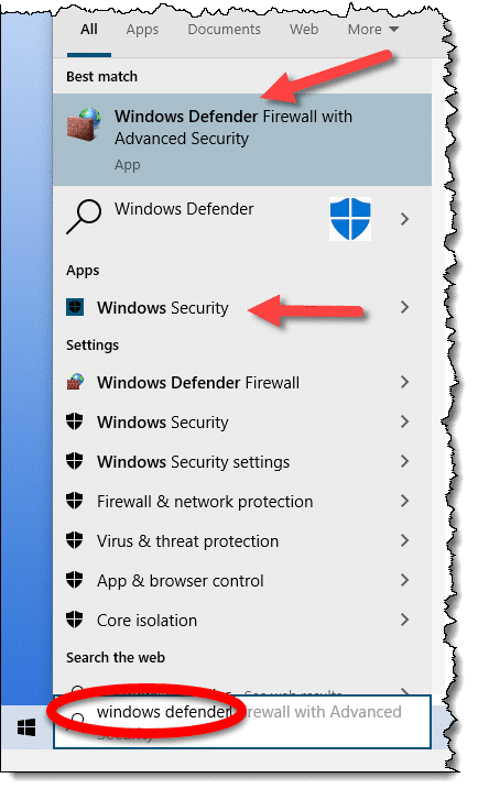 Searching for Windows Defender