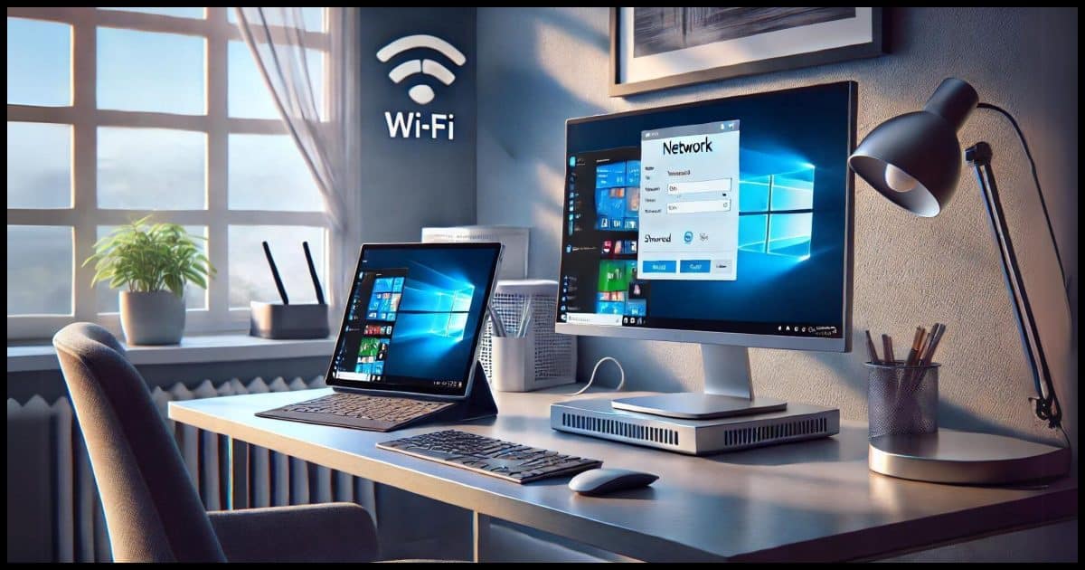 A home office with two Windows computers, one a desktop and one a tablet, both set up on a modern desk. The computers are connected via a network connection.