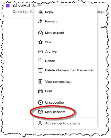 Mark as Spam option in Yahoo Mail