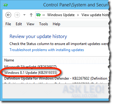 Windows 8 Update in Update history