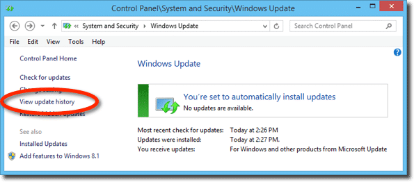Windows Update - View update history link