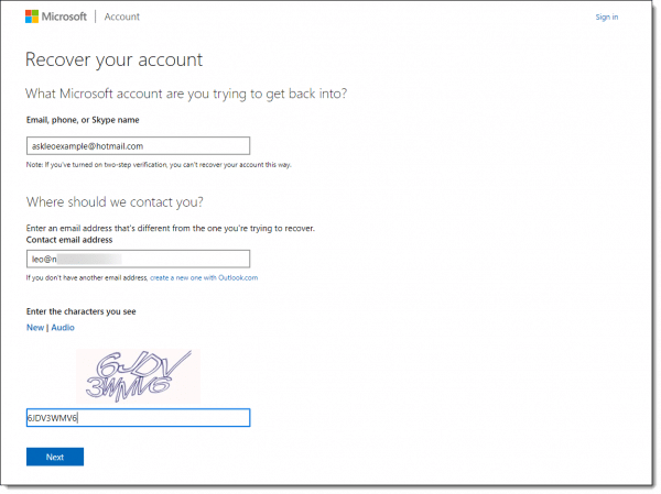 Microsoft account - beginning manual account recovery