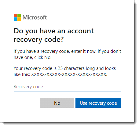 Microsoft account recovery code option