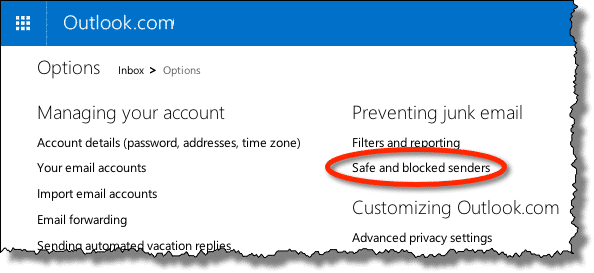 Outlook.com link to Safe and blocked senders