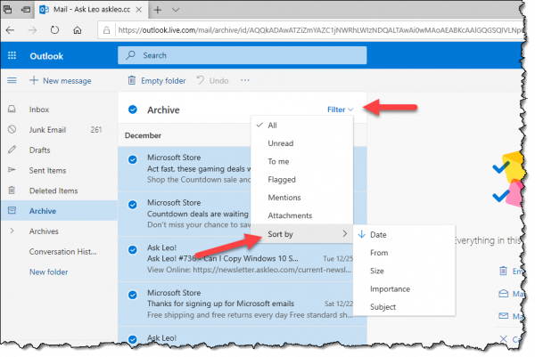 Sorting Options in Outlook.com