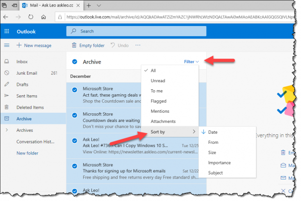 sort outlook live inbox