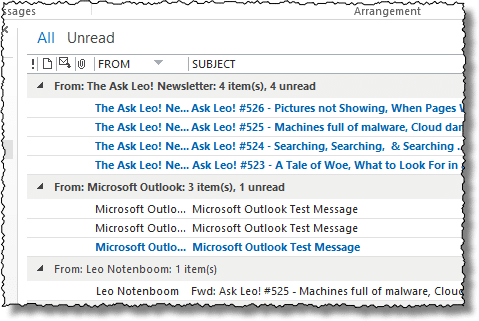 Email sorted in Outlook
