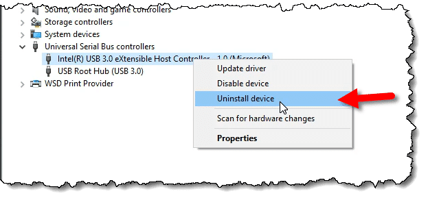 Uninstall device in Device Manager