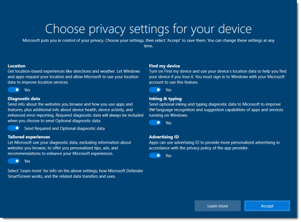 Windows 10 Setup Privacy settings.