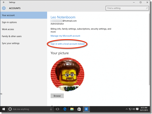 Windows 10 Account Page