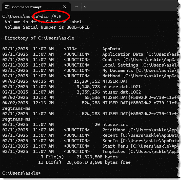 DIR /A:H in C:\Users\askle.