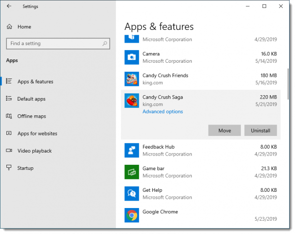 Apps & Features in Windows 10 Settings