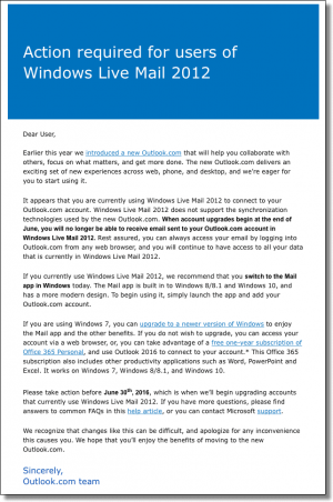 Outlook.com and Windows Live Mail 2012 message