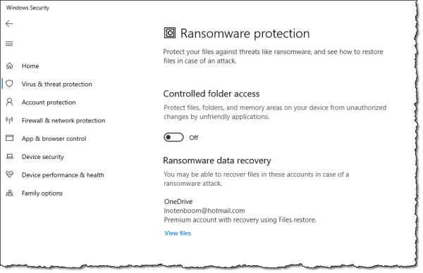 Ransomware protection in Windows Defender in Windows 10