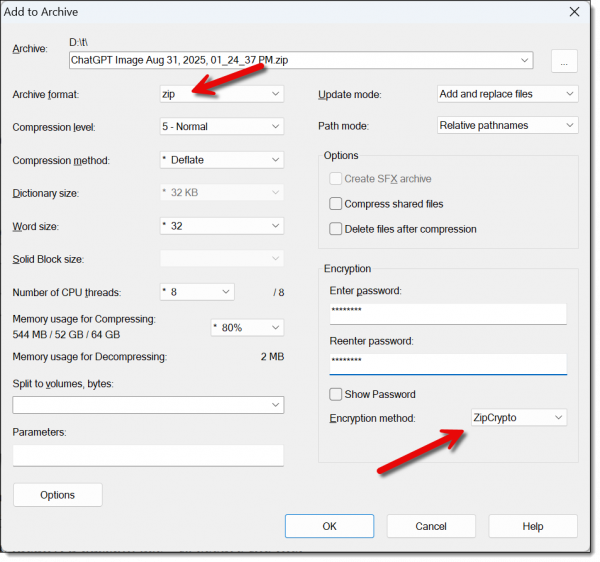 7-Zip add to archive dialog.
