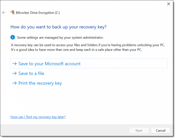 Saving your Bitlocker recovery key.