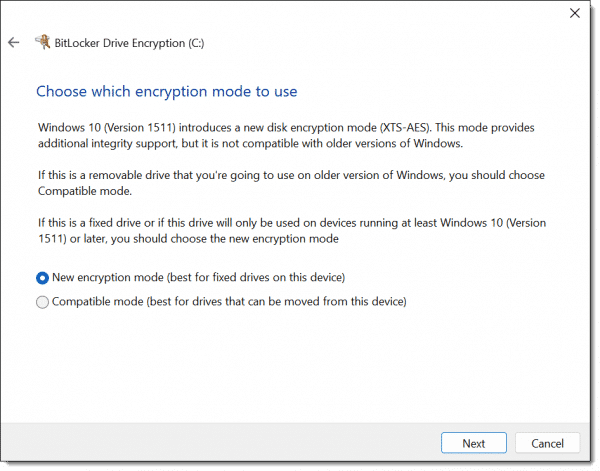 Encryption mode to be used.