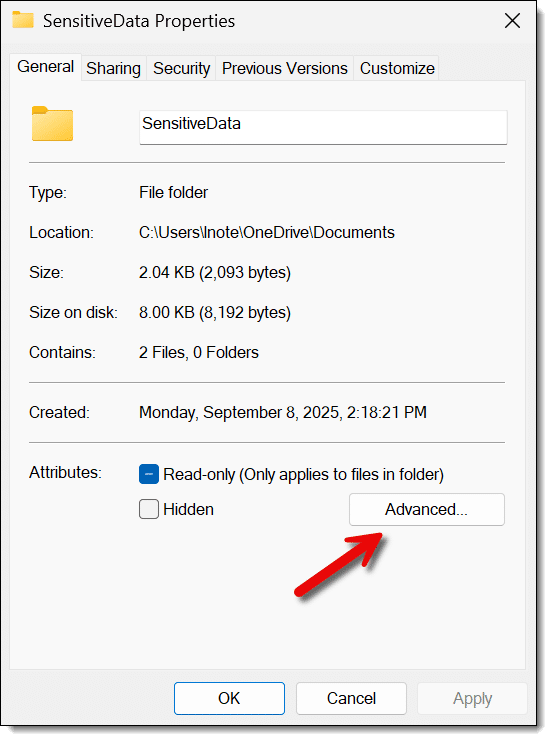 Folder properties dialog.