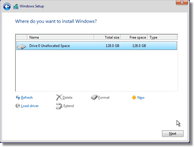 Windows Setup Unallocated Space Ready for Installation