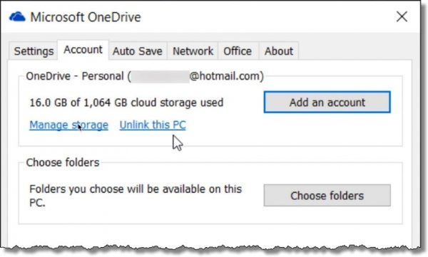OneDrive Settings Account Tab