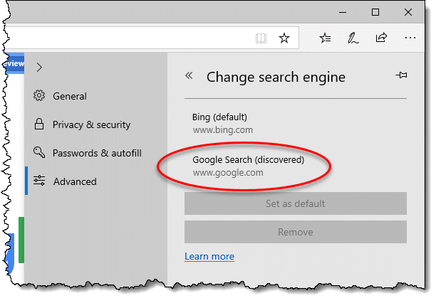 Google as a search engine option in Edge Legacy