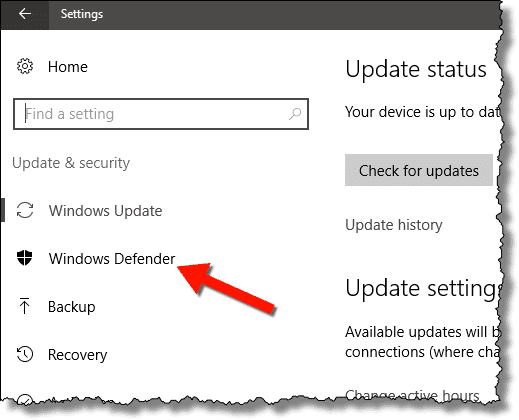 Windows Defender link in settings
